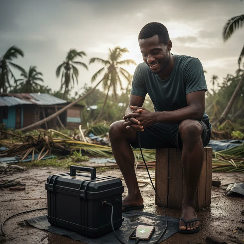 A man in a post-hurricane Jamaican village charges his mobile phone using a portable energy storage battery, reconnecting with loved ones after Hurricane Melissa.