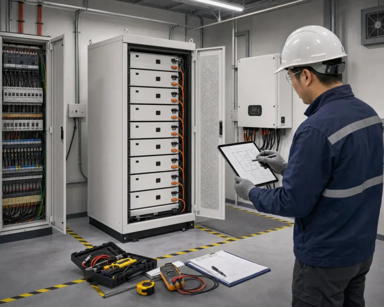 C&I ESS site survey for battery storage quote with engineer checking cabinet location and electrical room