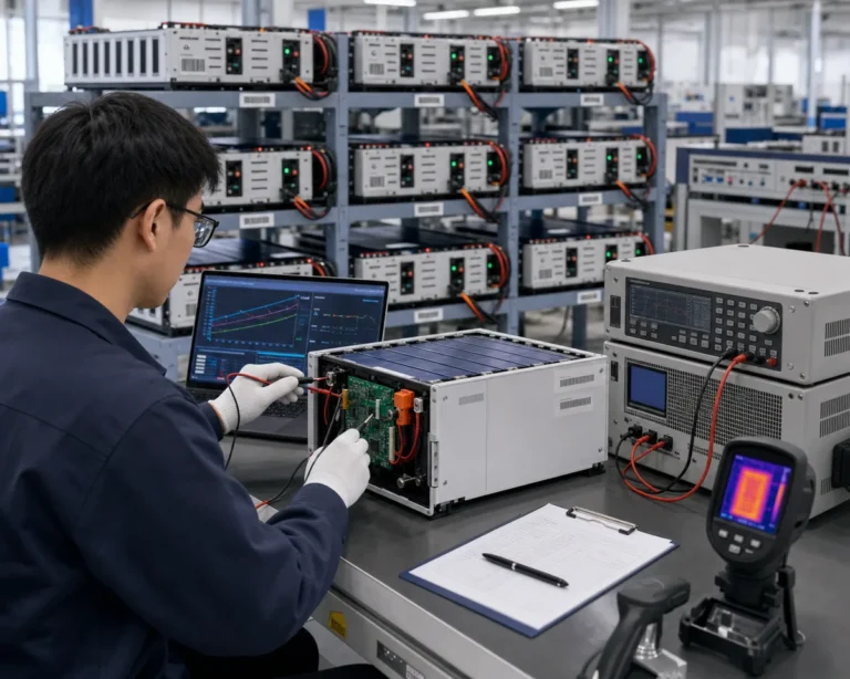 LiFePO4 battery factory acceptance test with aging racks, BMS logs, and quality engineer inspection