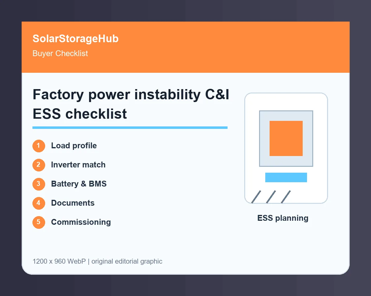 Factory power instability checklist connecting battery storage inverter and critical production loads