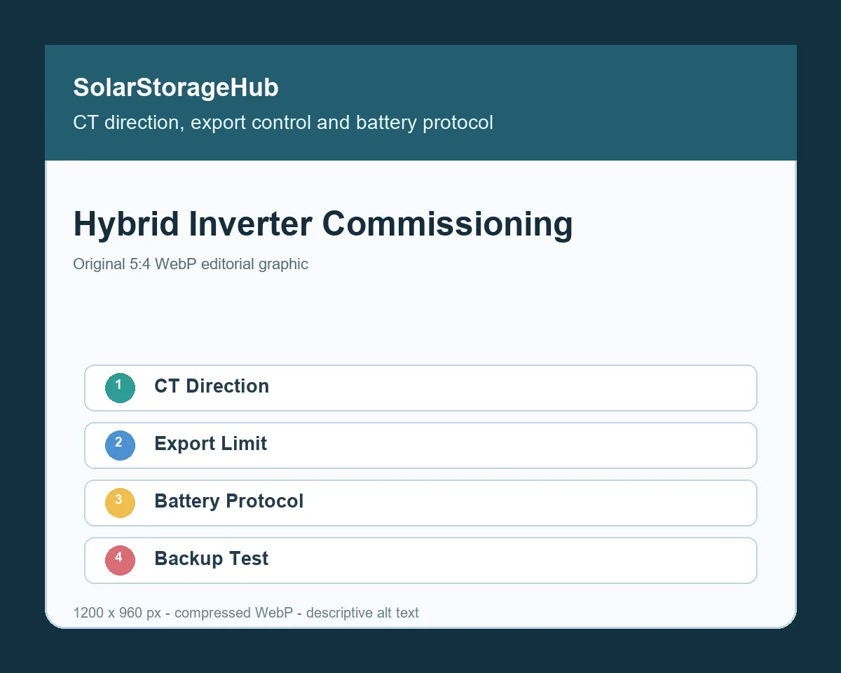 Hybrid Solar Inverter Commissioning Checklist: CT Direction, Export Limit and Battery Protocol
