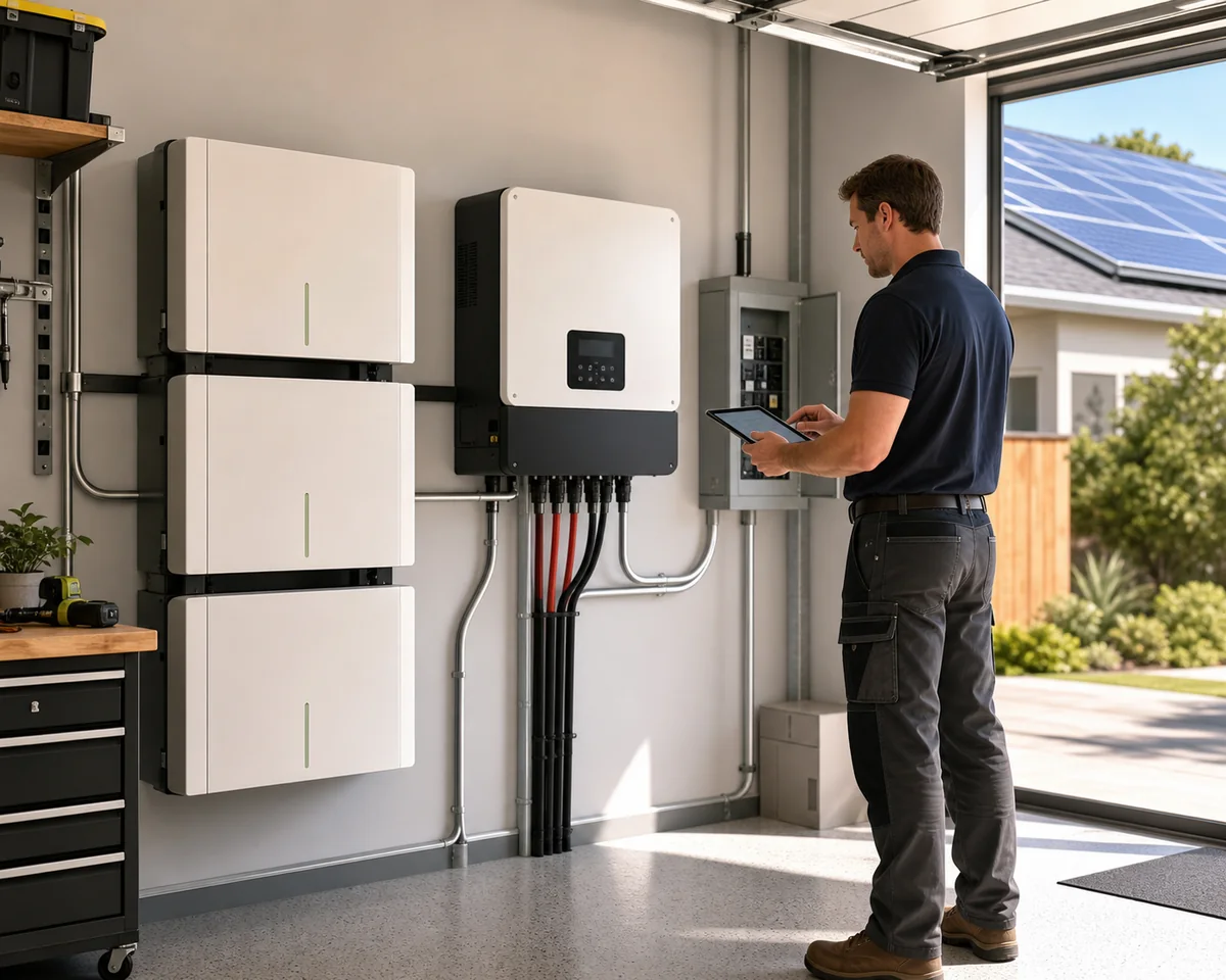 Photorealistic home battery and hybrid inverter installation scene