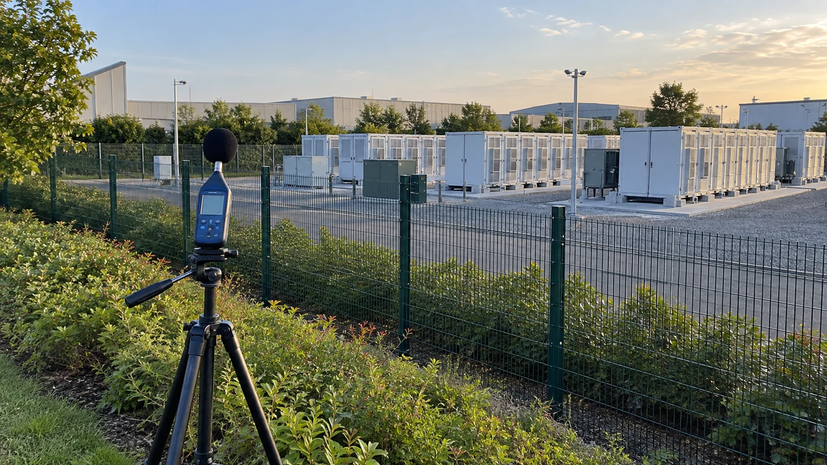 Tripod sound level meter at an industrial site boundary with BESS equipment in the distance