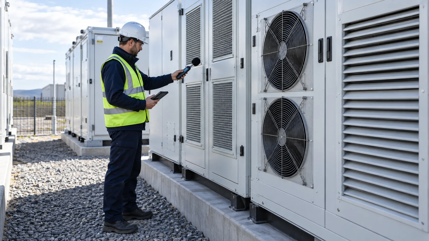 Engineer checking cooling fan and ventilation noise sources on outdoor BESS equipment
