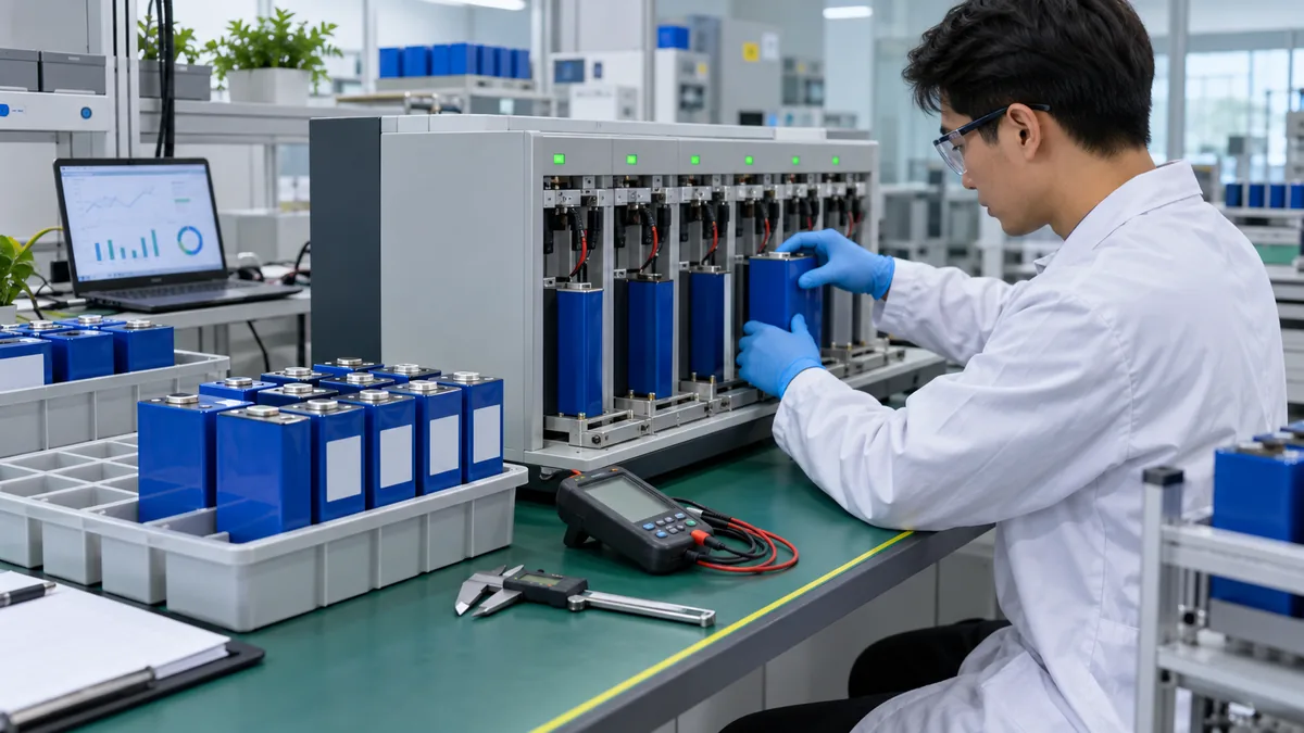 Technician testing LiFePO4 prismatic cells on a multi-channel tester during BESS incoming quality inspection