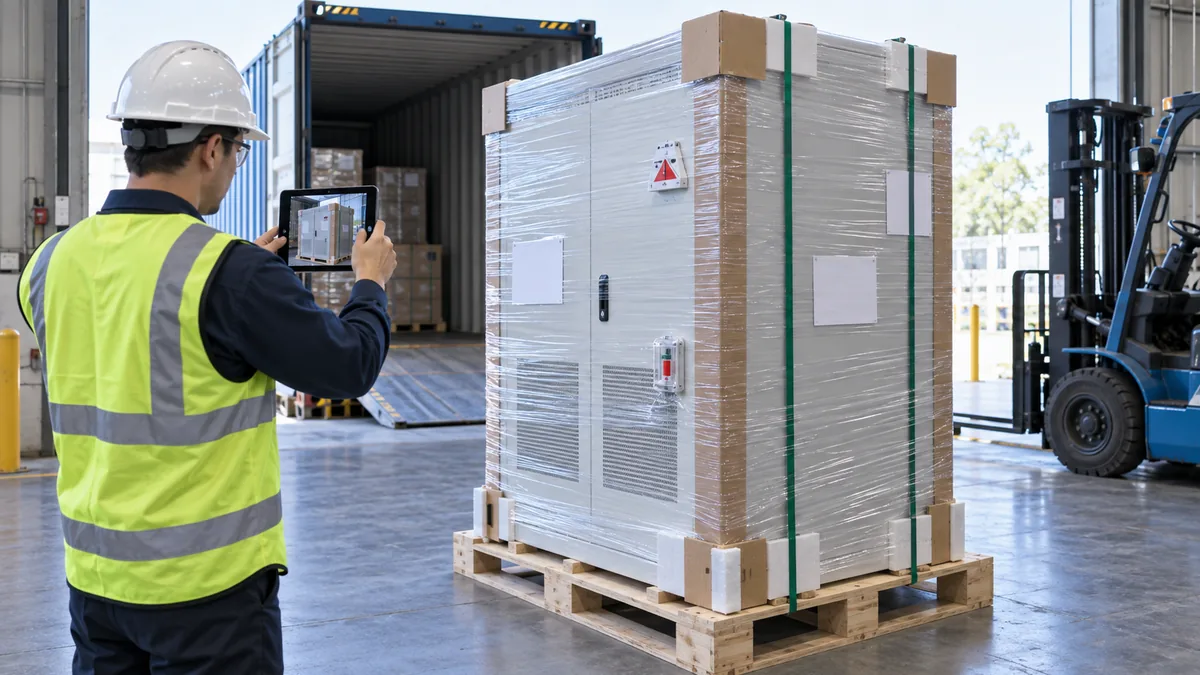 Inspector photographing a packed battery storage cabinet on a pallet before container loading
