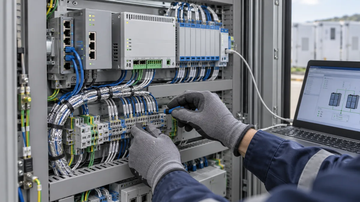 Engineer checking shielded communication cables and terminal blocks in a C&I ESS EMS control cabinet