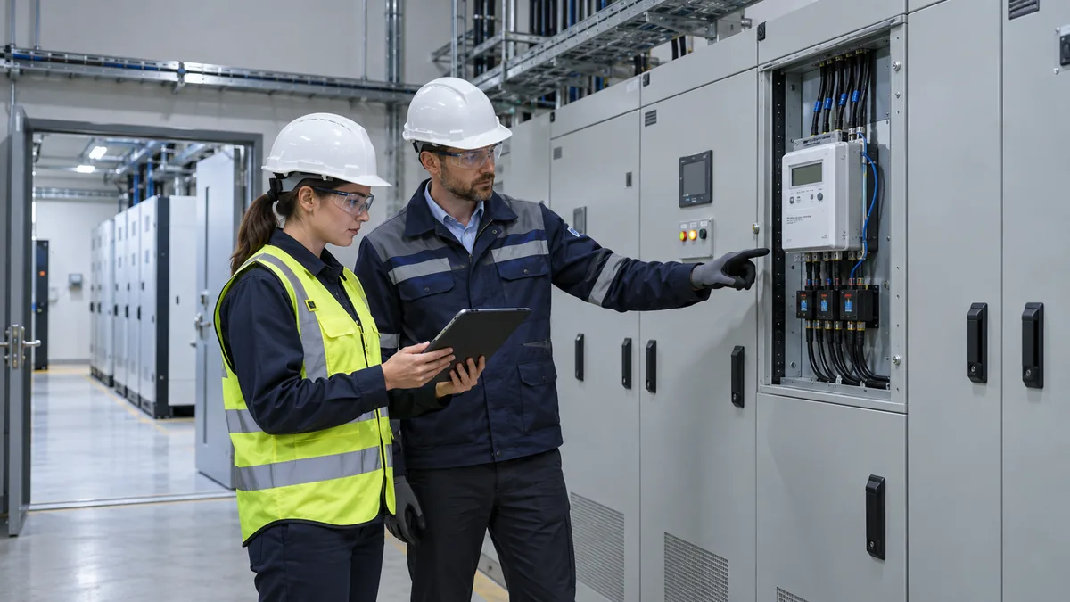 Engineers checking a site power meter while testing C&I ESS EMS control behavior in an electrical room