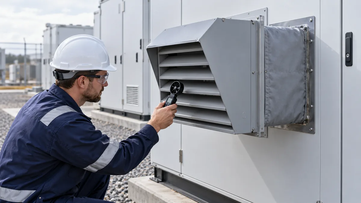 AI illustration of an engineer reviewing airflow near a BESS HVAC acoustic louver concept