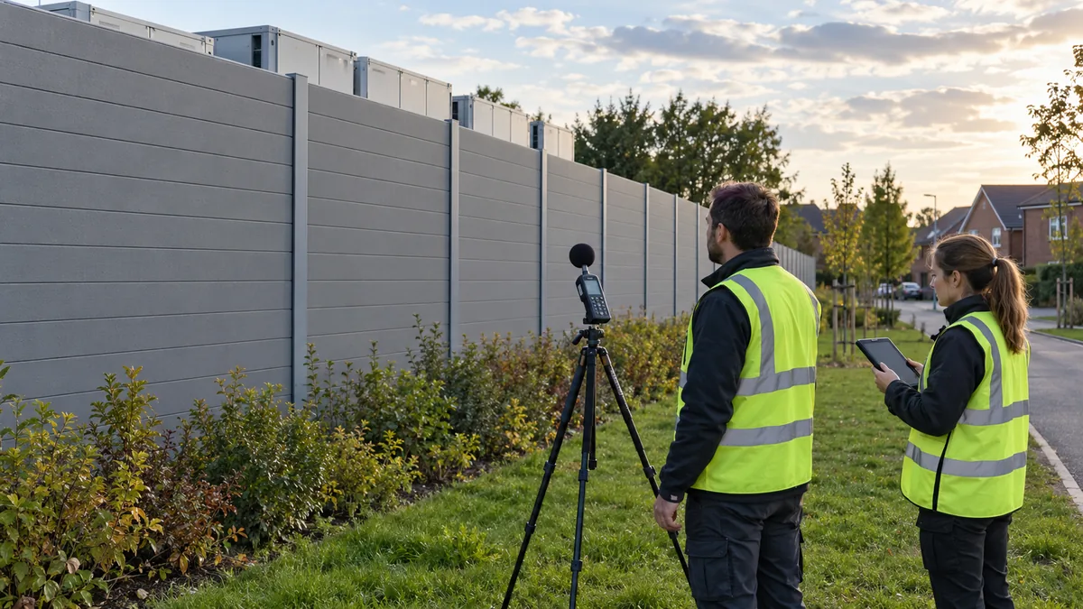 AI illustration of engineers using a tripod-mounted sound level meter beside a BESS acoustic wall