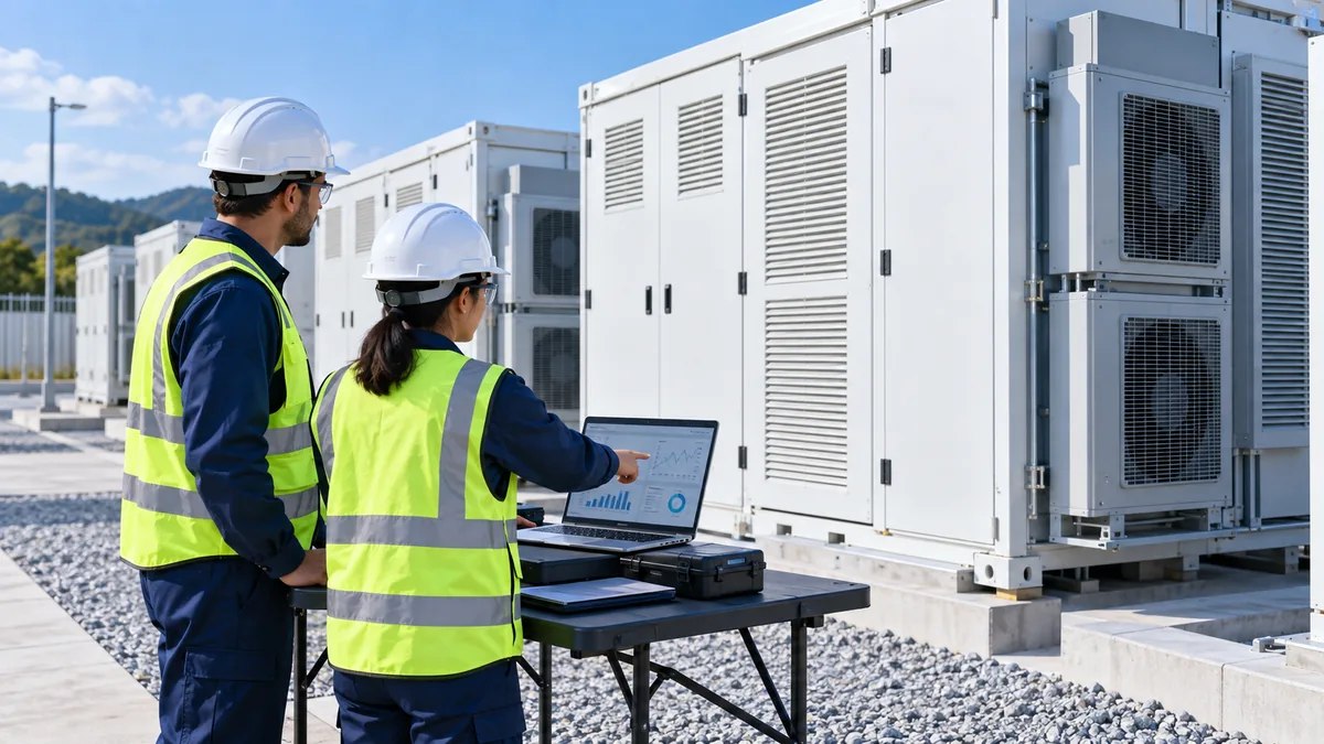 AI illustration of engineers reviewing operating logs beside closed energy storage cabinets and external cooling equipment