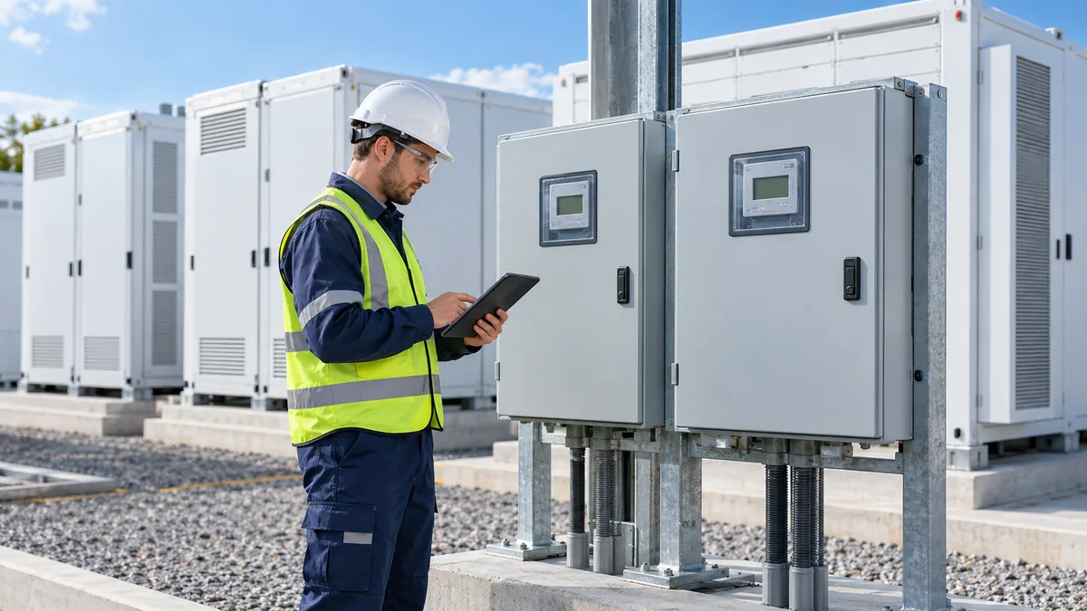 AI illustration of an engineer checking records beside closed metering panels and commercial battery storage equipment