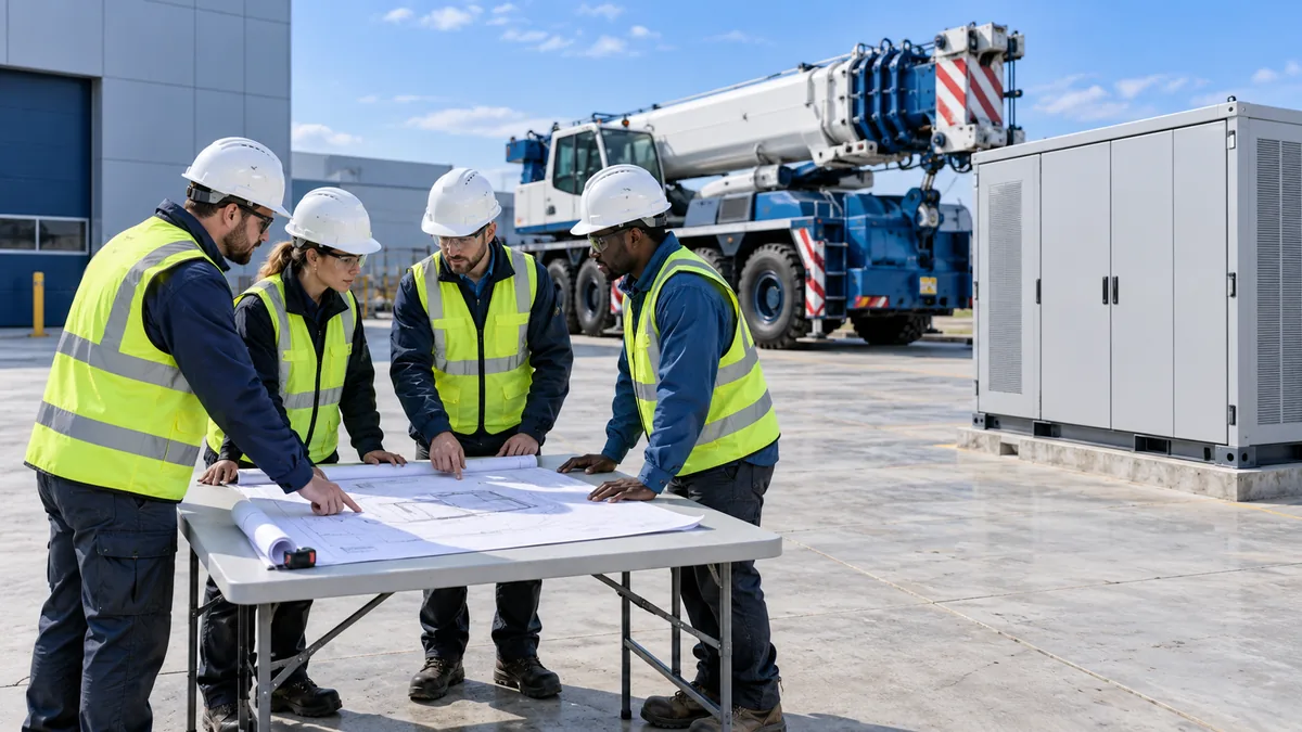 AI illustration of engineers reviewing a pre-lift plan beside a grounded battery cabinet and a stationary crane