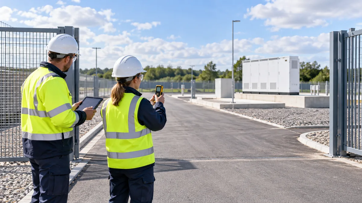 AI illustration of engineers surveying an industrial access route toward a prepared battery storage foundation