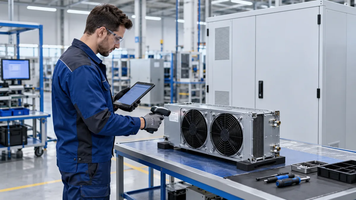 AI illustration of an engineer checking the identity of a cooling module beside a closed energy storage cabinet