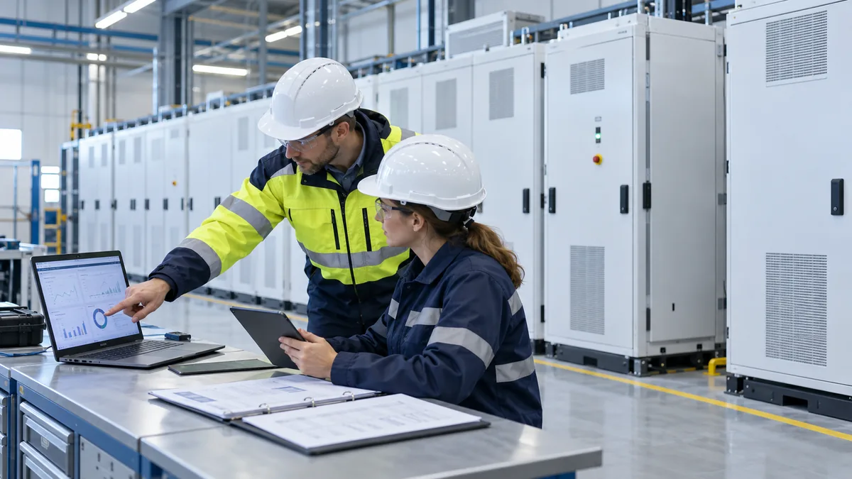 AI illustration of two engineers reviewing configuration and test records beside commercial energy storage cabinets
