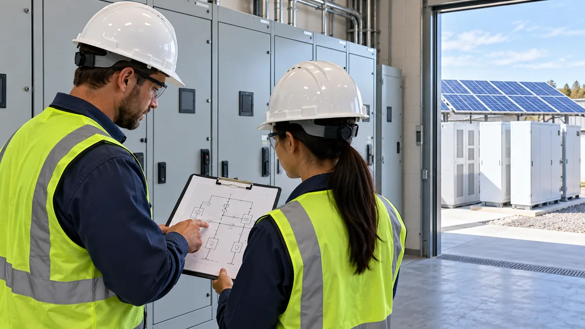 AI illustration of engineers reviewing a project drawing beside closed industrial metering panels and battery storage equipment