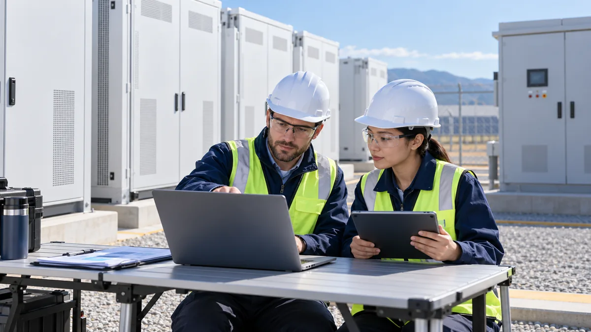 AI illustration of commissioning engineers comparing test records on a laptop and tablet beside closed commercial battery cabinets